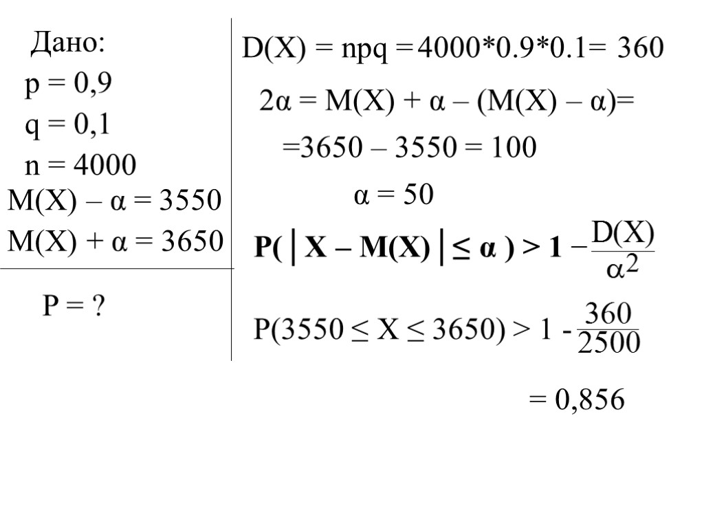 Дано: p = 0,9 q = 0,1 n = 4000 M(X) – α =